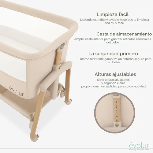 Miniatura 3 de évolur Cuna portátil con ruedas, moisés ajustable para el lado de la cama, lados de malla transpirable, canastilla de almacenamiento grande, fácil