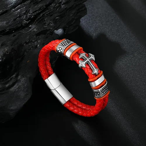 Miniatura 4 de Raymard Pulsera de cuero de doble fila cristiana para hombre - negrorojodorado y azul marino trenzado pulsera para hombres