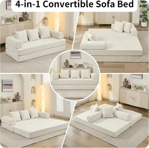 Miniatura 7 de Sofá de compresión, sofá cama convertible, sofá modular con almohada, cómodo sofá de tela de felpilla con espuma viscoelástica, sofá de piso