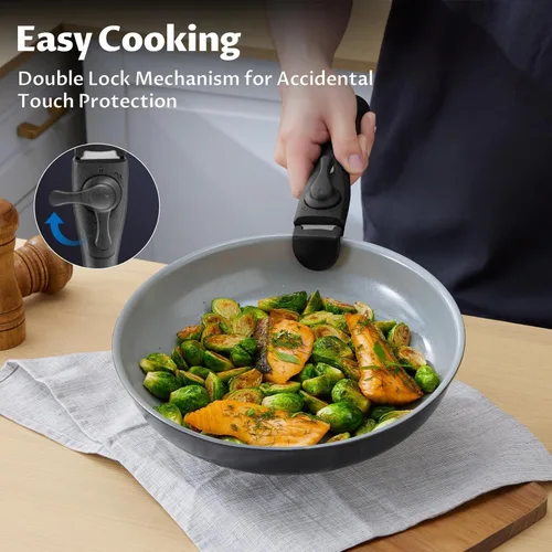 Miniatura 3 de BEZIA Utensilios de cocina de inducción con revestimiento de cerámica saludable, juego de ollas y sartenes antiadherentes, 10 piezas con asas