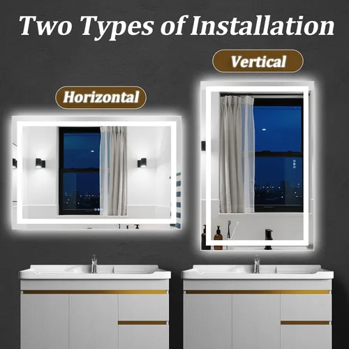 Miniatura 6 de Espejo de baño LED con luces, espejos de pared de 36 x 24 pulgadas con antiempañamiento, regulable, retroiluminado + luz frontal, 3 modos