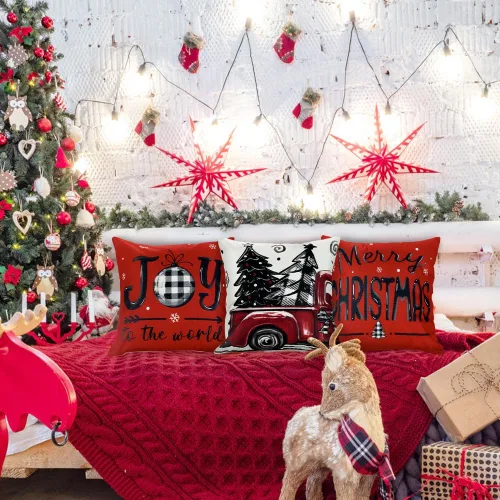 Miniatura 7 de DIYDEC 4 fundas de almohada navideñas de 18x18 pulgadas, fundas de almohada rojas, decoraciones navideñas búfalo árbol camión, almohadas de Feliz
