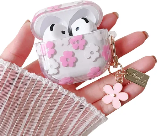 Miniatura 17 de MINSCOSE Funda transparente compatible con AirPods 1/2, bonito diseño de patrón de flores de dibujos animados con llavero floral, funda protectora