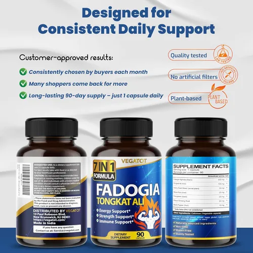 Miniatura 10 de VEGATOT Fadogia 7 en 1 concentrado de alta resistencia con raíz de maca, fenogreco, ginseng, potenciador de energía, resistencia para 3 meses