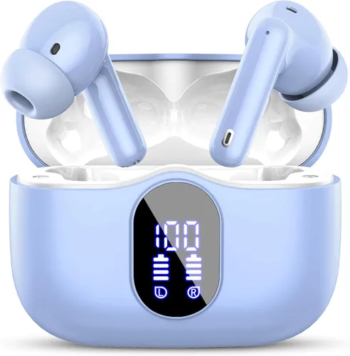 Auriculares inalámbricos, Bluetooth 5.4, estéreo de bajos, auriculares con micrófono con cancelación de ruido, pantalla LED en el oído, llamadas