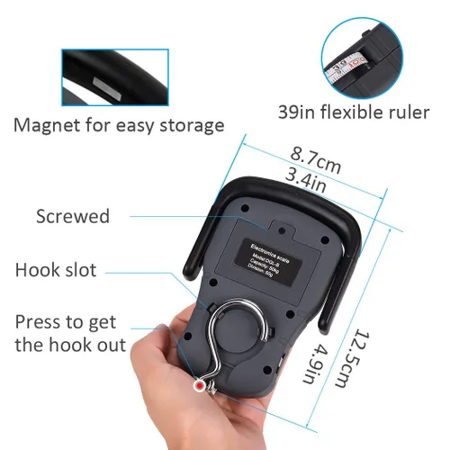 Miniatura 4 de Báscula digital de pescado, báscula electrónica para colgar peces con mango grande y cinta métrica, báscula de pesca de 110 libras / 110.2 lbs, 3