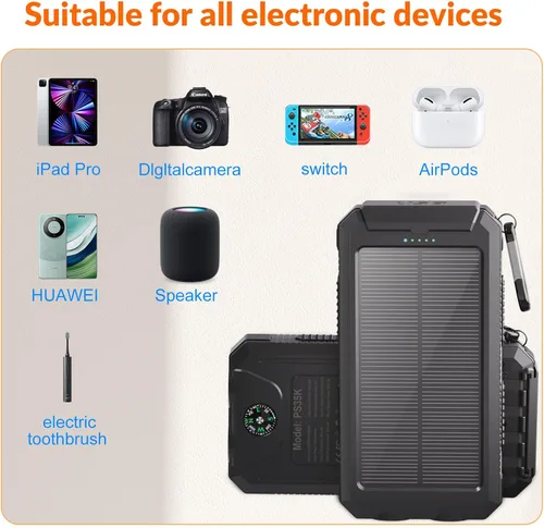 Miniatura 5 de Cargador solar de 20,000 mAh, banco de energía portátil, 4 cables para exteriores, impermeable, cargador de teléfono externo de respaldo con USB-C