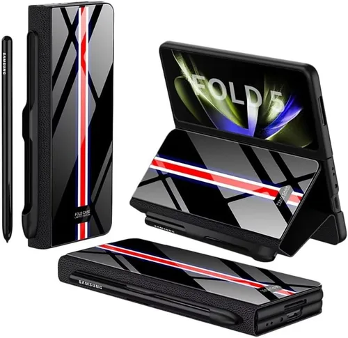 Funda para Samsung Galaxy Z Fold 5 5G con bolsillo para S-Pen Holder Pocket, Kickstand,Luxury Flip Plating a prueba de golpes de cuero híbrido todo