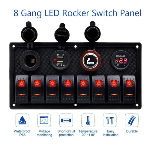 Miniatura 4 de KAOLALI Panel de interruptor basculante de 8 bandas, 12 V, 24 V, impermeable, con doble USB, encendedor de cigarrillos, voltímetro, LED azul