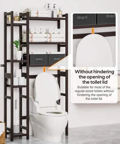 Miniatura 3 de Homde Organizador de Almacenamiento Sobre el Inodoro con Cesta y Cajón, Organizador de Baño de Bambú con Estante Ajustable y Patas Impermeables