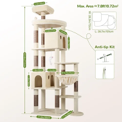 Miniatura 7 de Globlazer Árbol Gigante para Gatos, Árbol para Gatos de 83 Pulgadas para Gatos Grandes Adultos de Interior, Torre XXL para Gatos con 9 Postes