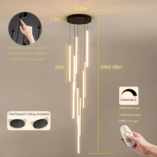 Miniatura 3 de HuisMier Candelabro LED Moderno, 10 Luces Lámpara Colgante Lineal Regulable Negra con Control Remoto, Candelabro para Techo Alto Altura Ajustable
