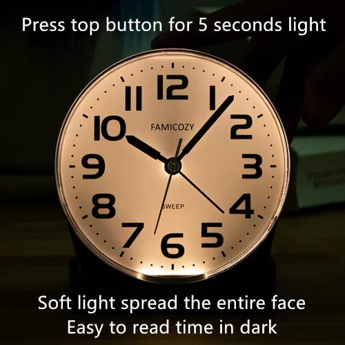 Miniatura 5 de FAMICOZY Reloj despertador analógico sin tictac de 4.5 pulgadas, silencioso, legible para personas mayores, fácil de configurar, alarma de aumento