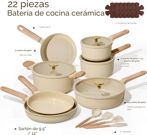 Miniatura 2 de CAROTE Juego de 22 piezas de ollas y sartenes antiadherentes, juego de utensilios de cocina de cerámica, juego de cocina no tóxico, sin PFAS y PFOA