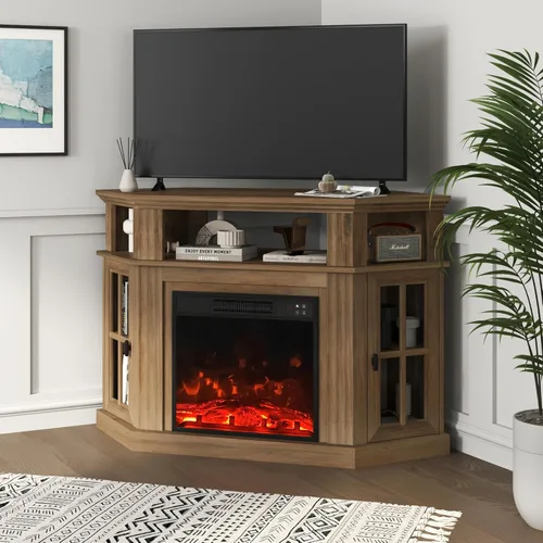 YESHOMY Soporte esquinero para TV con chimenea para televisores de hasta 55" con gabinetes de almacenamiento, centro de entretenimiento, consola