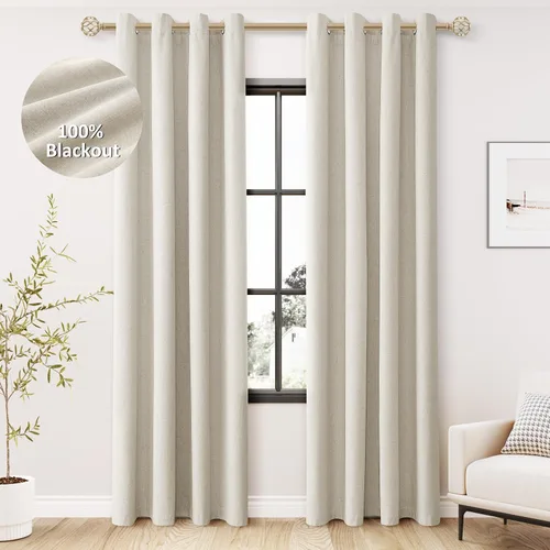 Miniatura 21 de Cream Linen Blackout Curtains 90 Length 2 Panels Set for Living Room Bedroom, 100% Black Out Thermal Insulated Linen Drapes, Room Darkening Grommet