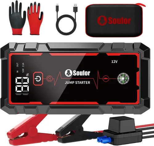 Miniatura 10 de Arrancador de batería de coche de 5000A, arrancador portátil con cable de puente, banco de energía de carga rápida, linterna de 3 modos, brújula