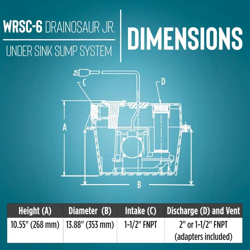 Miniatura 2 de Little Giant WRSC-6 Bomba de sumidero automática compacta para debajo del fregadero Drainosaur de 115 voltios, 1/3 HP, 2760 GPH/Sistema de fregadero