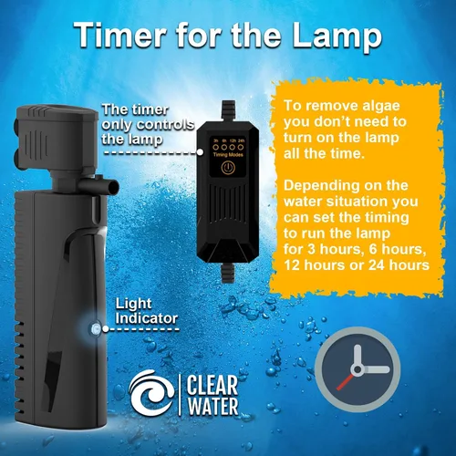 Miniatura 5 de Filtro de tanque de peces con luz U - V y temporizador (3/6/12/24 horas) para limpieza de agua verde, filtro de acuario con filtro de tanque