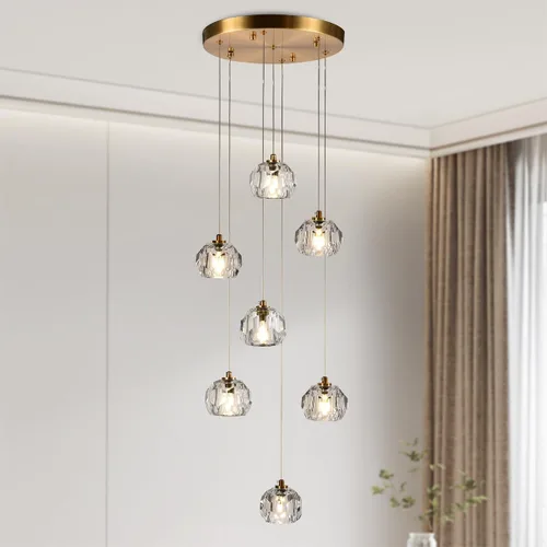 Miniatura 14 de Lámpara colgante de cristal de prisma de 3 luces, moderna lámpara colgante de cristal ahumado de 9 W, iluminación colgante de techo redondo triple
