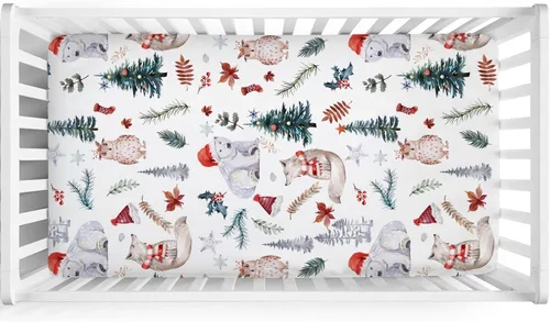 Miniatura 2 de Sábana bajera ajustable para cuna de bebé, diseño de animales del bosque, 52 x 28 pulgadas, diseño de animales de Navidad, oso, zorro, búho, hojas