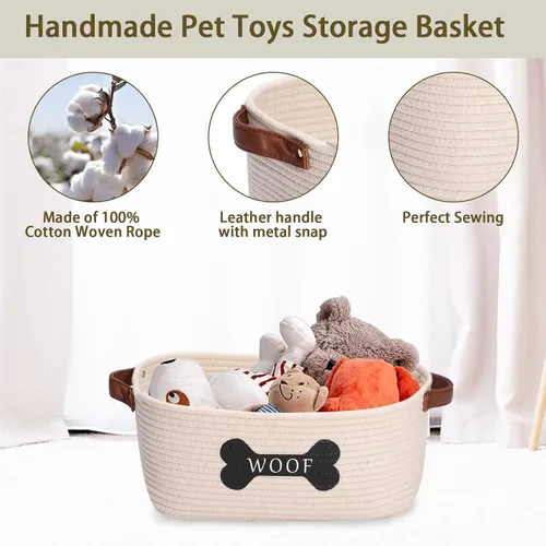Miniatura 2 de Cesta de almacenamiento de juguetes de cuerda de algodón para perros, tamaño mediano, contenedor de juguetes para perros con asa, organizador