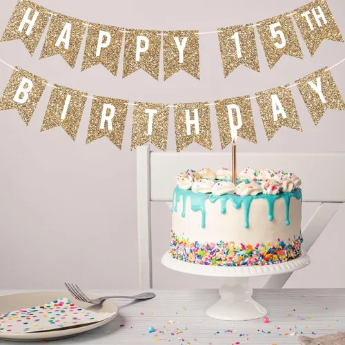 Miniatura 4 de Cartel de feliz cumpleaños número 15 pre-encordado – No DIY – Cartel de fiesta de cumpleaños número 15 con purpurina dorada para niños y niñas