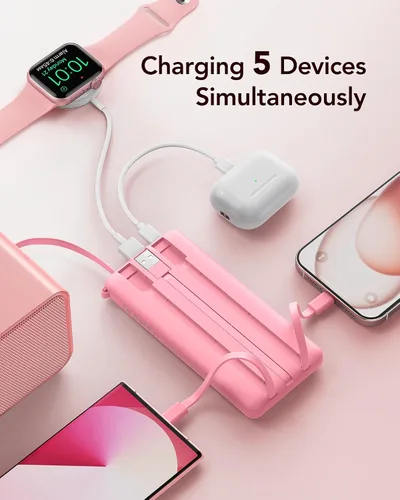 Miniatura 4 de VRURC Cargador de teléfono portátil, cargador portátil de viaje con 4 cables, 5 salidas 2 entradas banco de energía USB C delgado, cables integrados