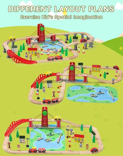 Miniatura 5 de SainSmart Jr. Juego de tren de madera para niños pequeños, pista de tren de madera de doble cara con 4 trenes compatible con Brio, Thomas, Melissa
