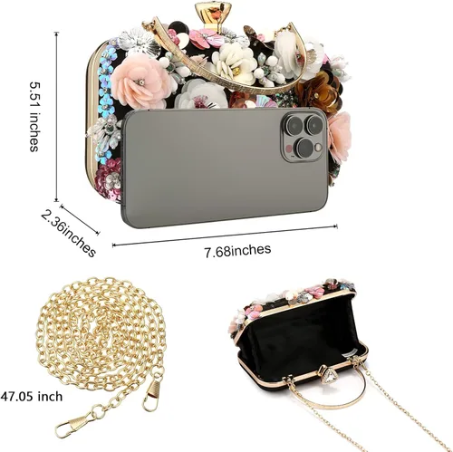 Miniatura 3 de Rkrouco Bolso de mano floral para mujer, bolso de mano de flores coloridas con diamantes de imitación de metal