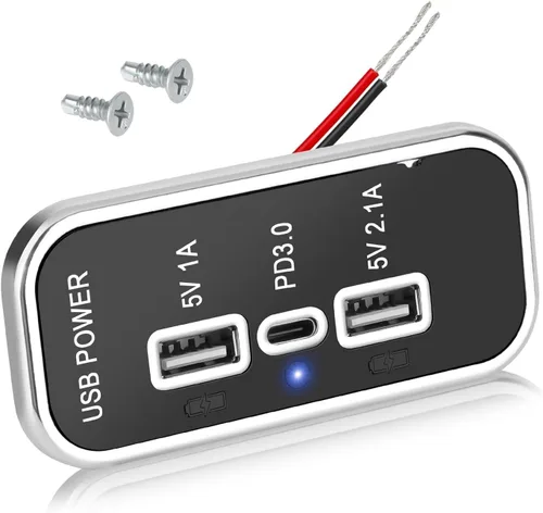Linkstyle Toma de corriente USB de 12 V, doble USB A y USB C de 18 W, panel de enchufe de cargador rápido con luz LED para montaje empotrado para