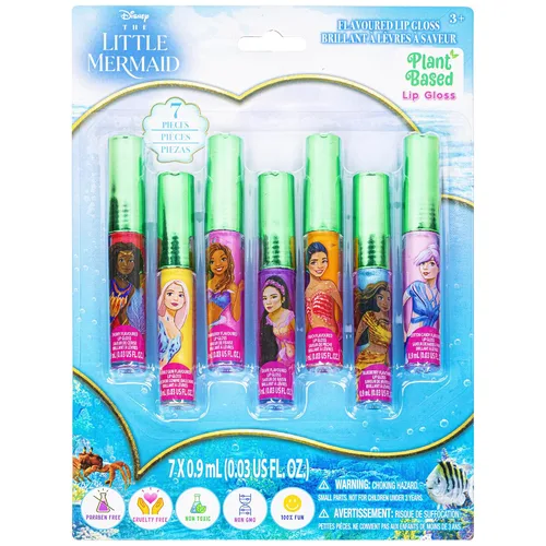 Disney La Sirenita Set de 7 piezas de brillo de labios de maquillaje vegano a base de plantas, favor de fiesta para niñas, niños, bebés, regalo de