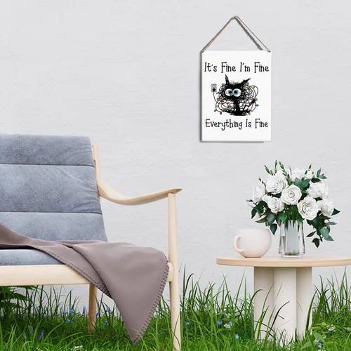 Miniatura 5 de GUDIAO Letrero colgante de madera con diseño de gato positivo "It's Fine Positive Cat", arte de pared de madera rústica para sala de estar