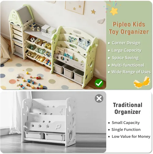 Miniatura 6 de Pipleo Organizador de almacenamiento de juguetes para niños con 17 contenedores extraíbles, estantería de 4 niveles para niños, organizador de Verde
