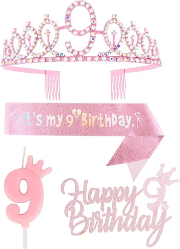 Miniatura 21 de Decoraciones de cumpleaños número 7 para niña, que incluyen corona/tiara de cumpleaños número 7, banda, adorno para pastel de cumpleaños y velas