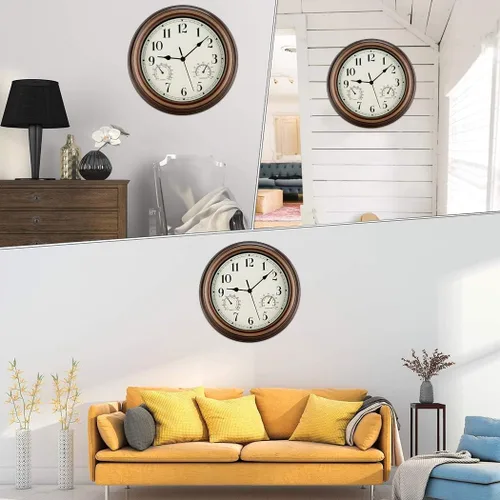 Miniatura 5 de Rsobl Reloj de pared para interiores y exteriores de 12 pulgadas, impermeable, con combinación de temperatura y humedad, funciona con pilas, reloj