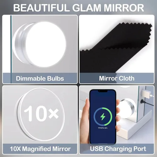 Miniatura 7 de Gvnkvn Espejo de Tocador con Luces, 22.8Wx18.2L Espejo de Maquillaje de Mesa Estilo Hollywood con USB y Carga Tipo-C, Espejo Iluminado de Hollywood