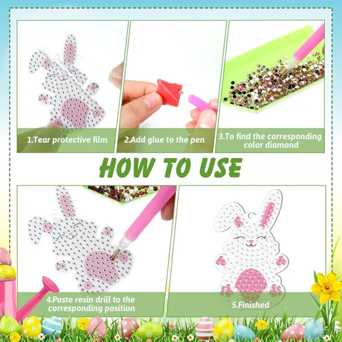 Miniatura 4 de Ferraycle Kit de llavero de pintura de diamante de Pascua de 12 piezas 5D DIY huevo de Pascua conejo adornos de arte colgantes lindos adornos