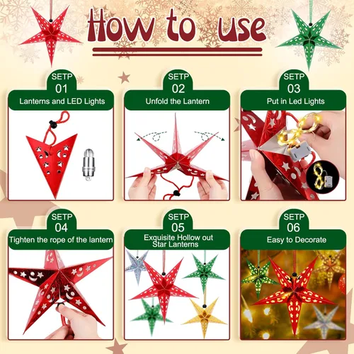 Miniatura 3 de Hortsun Juego de 20 faroles de papel de Navidad con forma de estrella, 2 tamaños, 17.7 y 11.8 pulgadas, adornos colgantes de Navidad, pantalla 3D