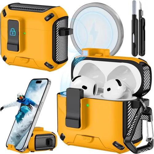 Miniatura 9 de Funda para AirPods Pro 2 (2023/2022/2019) con soporte para teléfono, (con interruptor a presión automático), diseño de fibra de carbono, cubierta