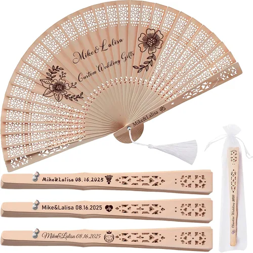 Ventilador de mano personalizado, abanicos de boda personalizados, abanicos de mano plegables de madera con bolsas de organza, recuerdos de boda 30
