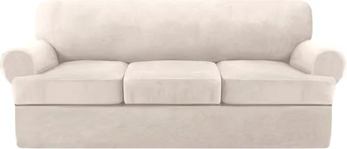 NA Funda de terciopelo para sofá con cojín en T, 4 piezas, fundas de sofá suaves para sofá, fundas protectoras de muebles con 3 asientos Marfil
