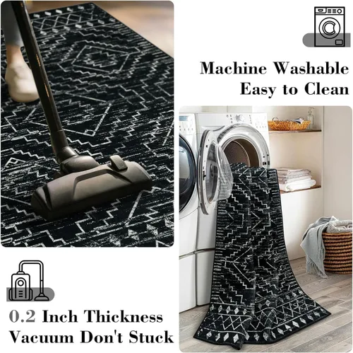 Miniatura 4 de Wonnitar Alfombra marroquí lavable de 5 x 7 pies, color negro, alfombra grande para sala de estar, antideslizante, bohemio, para dormitorio