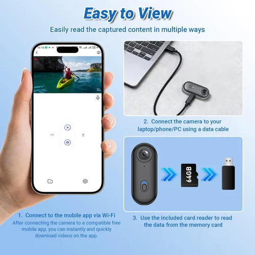 Miniatura 6 de Cámara de acción 4K, cámara corporal portátil con 64 GB, grabación manos libres WiFi POV cámara con funda impermeable, clip trasero, tamaño pulgar