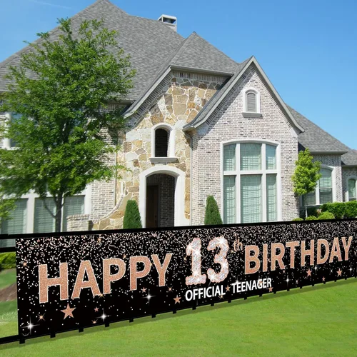 Joyiou Cartel de fondo de feliz cumpleaños 13 para niña, pancarta oficial para adolescentes, suministros de letrero grande de oro rosa para fiesta