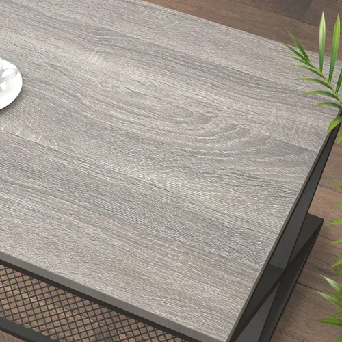 Miniatura 4 de LVB Mesa de Centro Gris, Mesa Central de Madera y Metal Estilo Granja con Almacenamiento para Sala de Estar, Mesa de Cóctel y Té Rectangular
