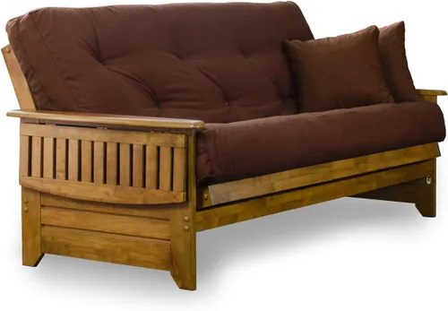 Nirvana Futons Brentwood - Juego de sofá cama tipo futón con brazo tipo bandeja, marco Queen, colchón de microfibra de 8 pulgadas, acabado Heritage