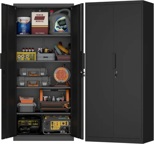 Miniatura 13 de Armario de almacenamiento de metal de 47 pulgadas de alto, gabinetes de almacenamiento de cocina con puertas y estantes, armario de metal blanco