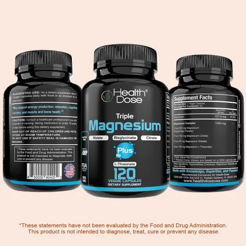 Miniatura 8 de Health Dose Triple Magnesium Complex 1000 mg Mezcla de L-treonato, bisglicinato, citrato y malato Apoyo para la relajación muscular, el sueño
