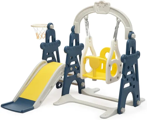 Miniatura 9 de Juego de tobogán y columpio 3 en 1 para niños de 1 a 3 años, parque infantil interior para niños, toboganes independientes al aire libre con aro